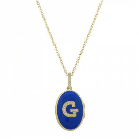 14k Yellow Gold Blue Diamond Initial Enamel Locket Necklace-Necklaces-Maurice's Jewelers-