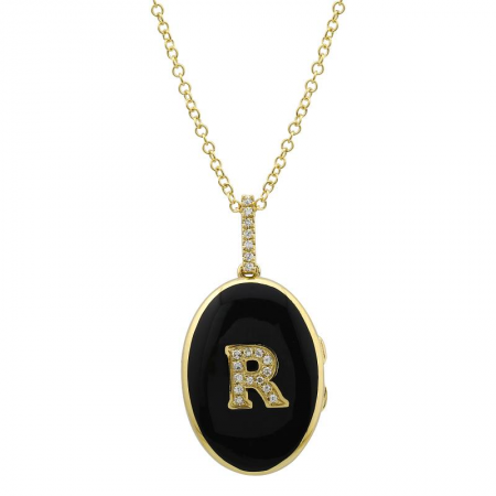 Yellow Gold Black Diamond Initial Enamel Locket Necklace