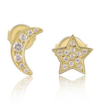 14K Yellow Gold Diamond Moon & Star Earrings