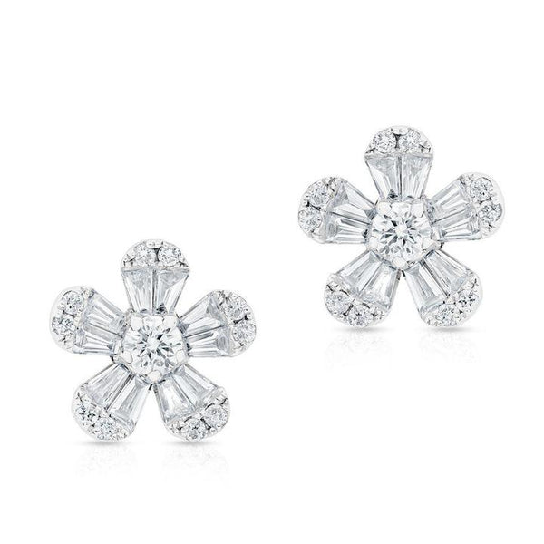 14K White Gold Diamond Flower Stud Earrings (Small)