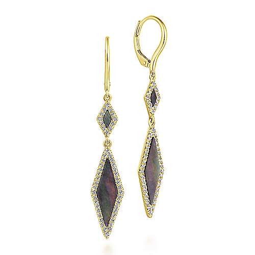 14K Yellow Gold Diamond + Black Mother of Pearl Drop Earrings