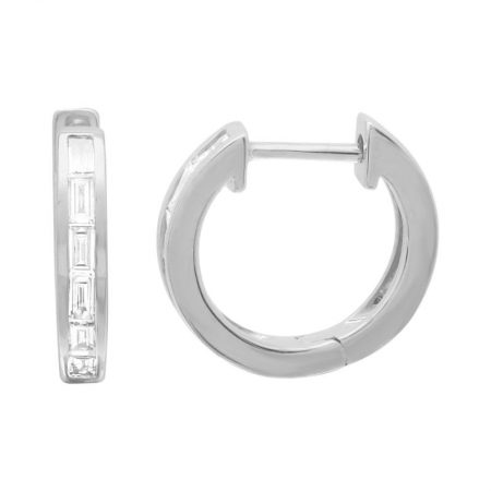 14K White Gold Baguette Diamond Huggie Earrings