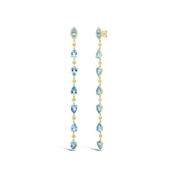 14K Yellow Gold Diamond + Blue Topaz Earrings