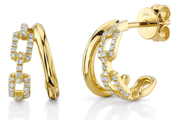 14K Yellow Gold Diamond Double Link Huggie Earrings