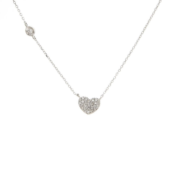14K White Gold Diamond Heart + Diamond Bezel Necklace