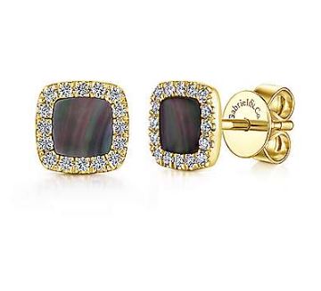 14K Yellow Gold Diamond + Black Mother of Pearl Square Stud Earrings