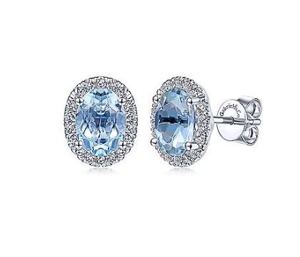 14K White Gold Diamond Halo + Oval Aquamarine Earrings