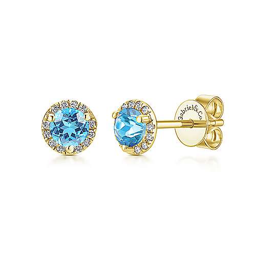 14K Yellow Gold Diamond + Blue Topaz Stud Earrings