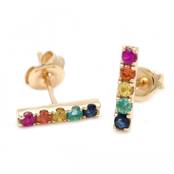 14K Yellow Gold MultiColor Bar Earrings