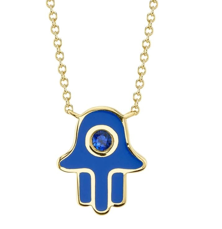 14K Yellow Blue Sapphire & Blue Enamel Hand Of God Necklace-Necklaces-Maurice's Jewelers-