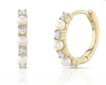 Yellow 14K 0.14Ct R/D Diamond & Pearl Huggie Earrings-Earrings-Maurice's Jewelers-