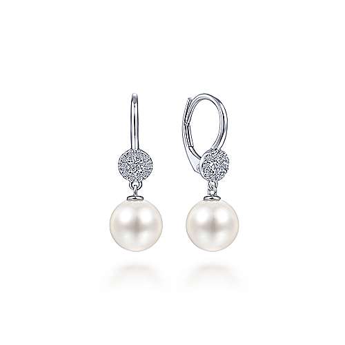 14K White Gold Diamond + Pearl Drop Earrings-EARRINGS-gabriel & co-