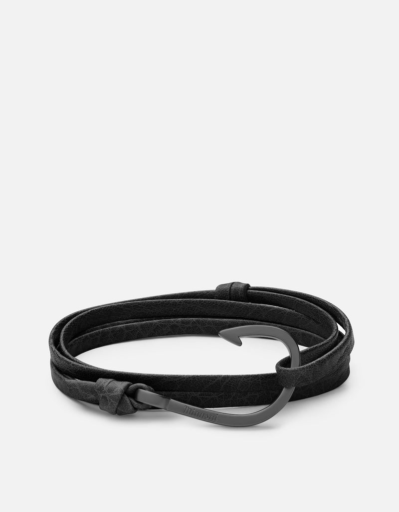 Matte Black Rhodium Plated Silver Hook Black Leather Wrap Bracelet