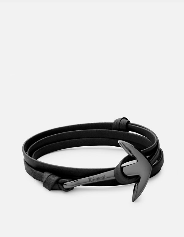 Polished Black Rhodium Plated Sterling Silver Anchor Black Leather Wrap Bracelet