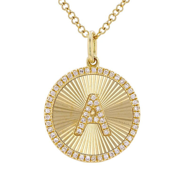 14K Yellow Gold Fluted Disc Diamond Initial Necklace