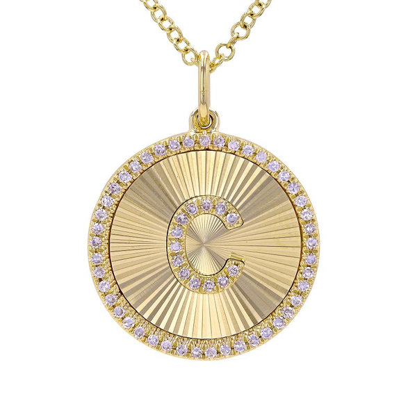 14K Yellow Gold Fluted Disc Diamond Initial Necklace-Necklaces-Maurice's Jewelers-C-