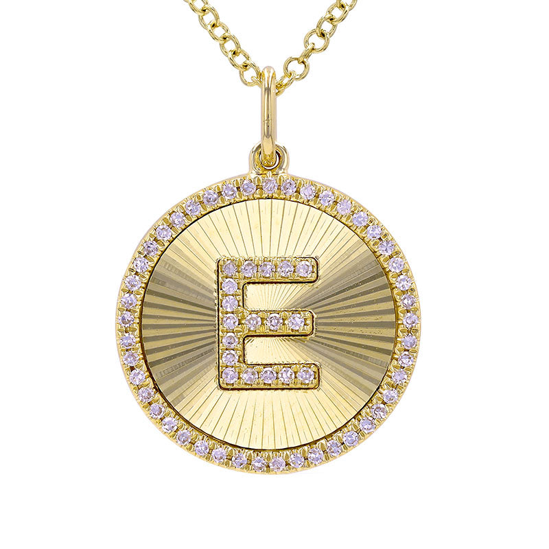 14K Yellow Gold Fluted Disc Diamond Initial Necklace