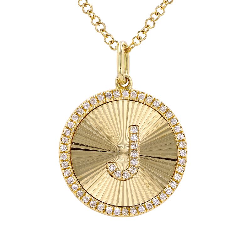 14K Yellow Gold Fluted Disc Diamond Initial Necklace