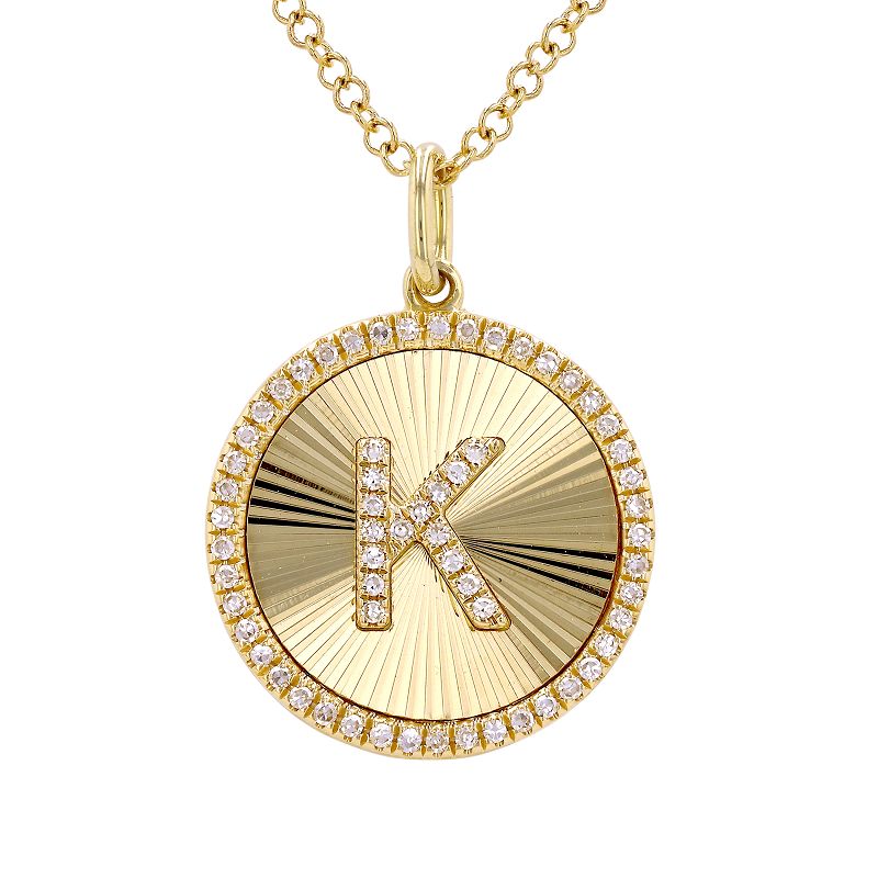 14K Yellow Gold Fluted Disc Diamond Initial Necklace