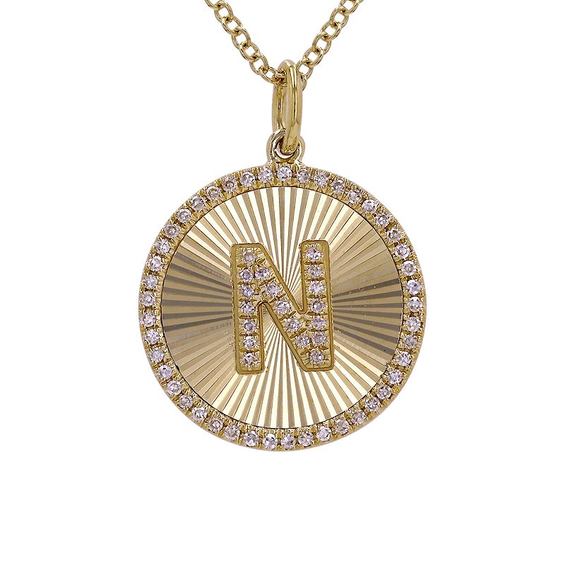 14K Yellow Gold Fluted Disc Diamond Initial Necklace