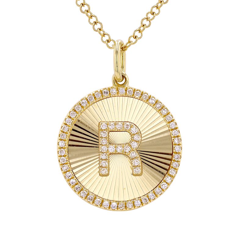 14K Yellow Gold Fluted Disc Diamond Initial Necklace-Necklaces-Maurice's Jewelers-R-