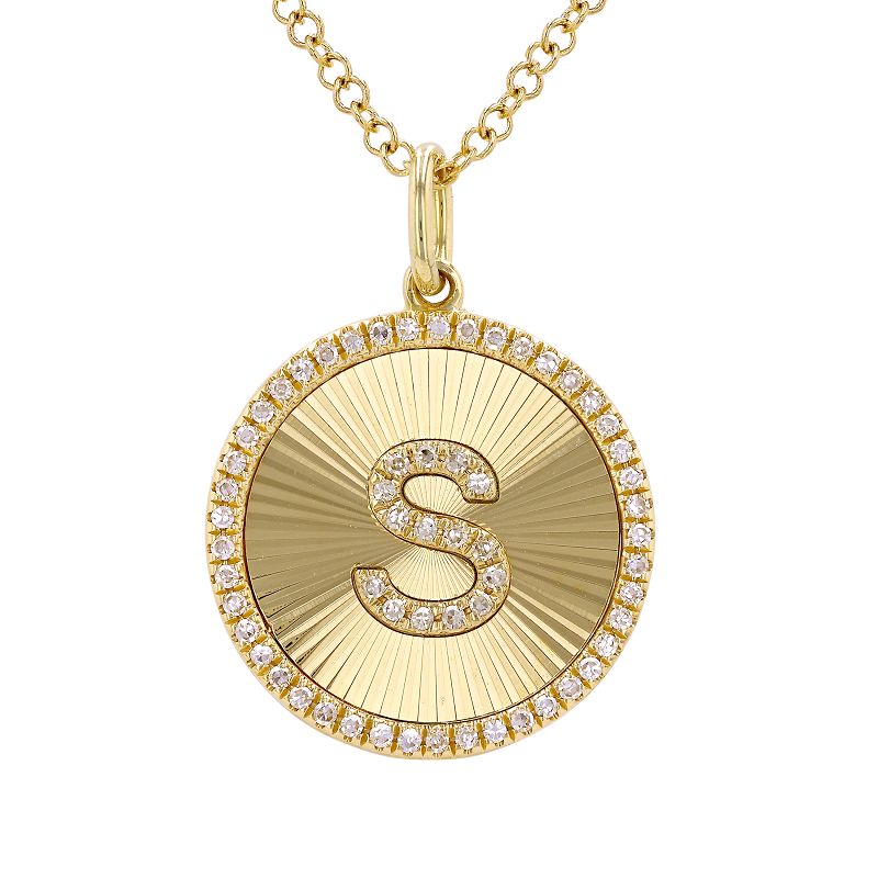 14K Yellow Gold Fluted Disc Diamond Initial Necklace