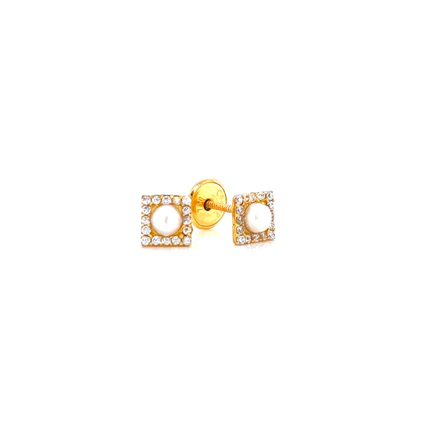 18K Yellow Gold Pearl & Cz Square Halo Earrings