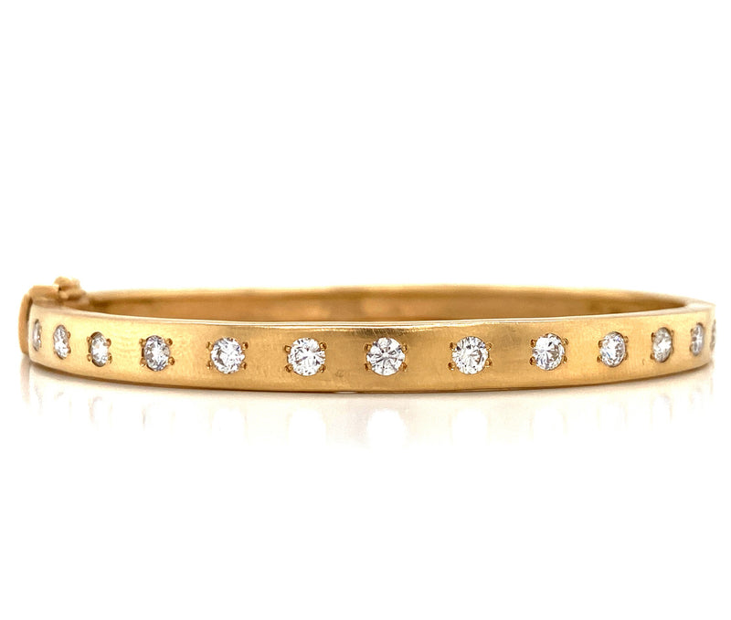 14K Yellow Gold Diamond Satin Finish Hinged Bangle-Bracelets-MWI Jewelry-
