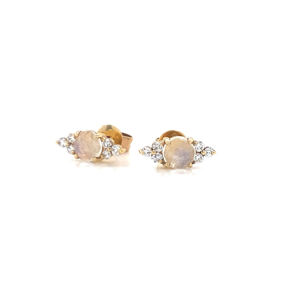 14K Yellow Gold Diamond Rainbow Moonstone Stud Earrings