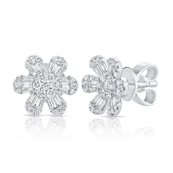 14K White Gold Diamond Baguette Flower Stud Earrings