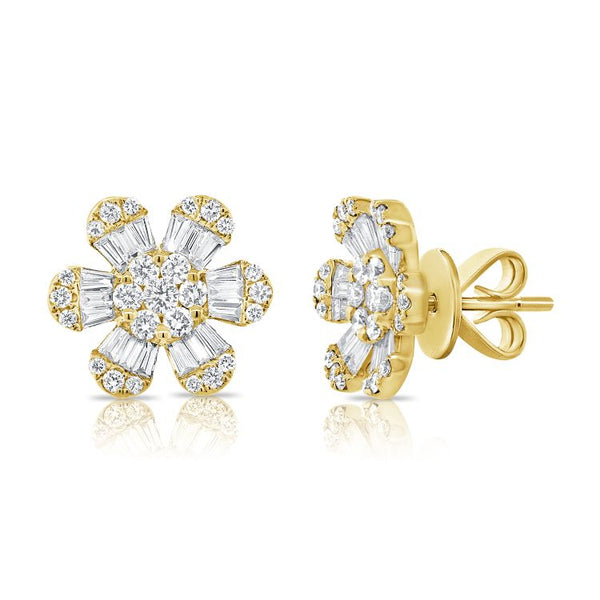14K Yellow Gold Diamond + Baguette Flower Earrings