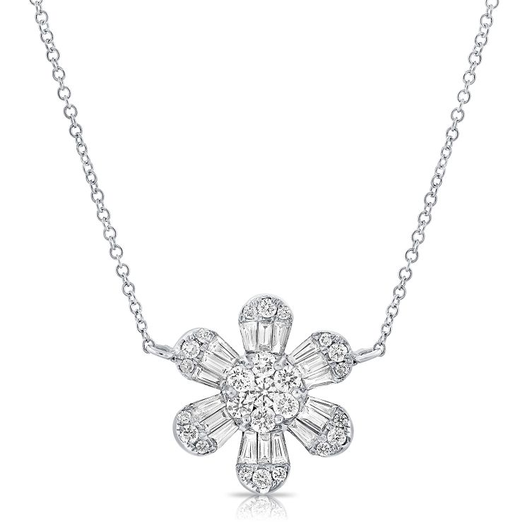 14K White Gold Diamond Baguette Flower Necklace