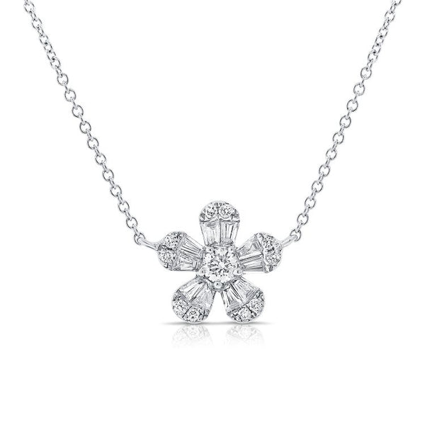 14K White Gold Baguette Diamond Flower Necklace-Rings-Maurice's Jewelers-