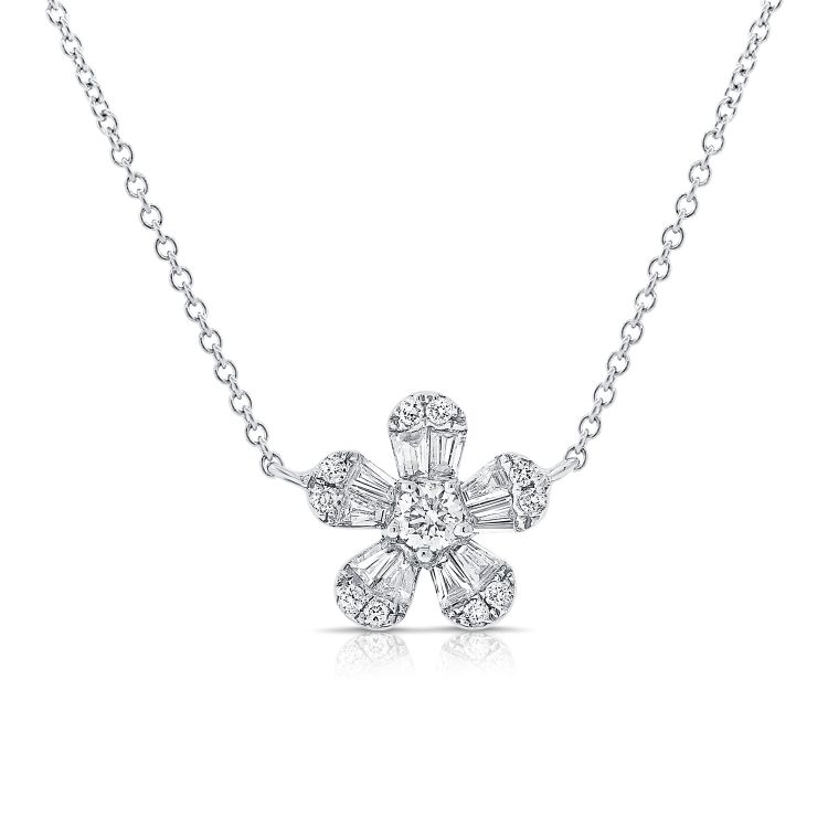 14K White Gold Baguette Diamond Flower Necklace