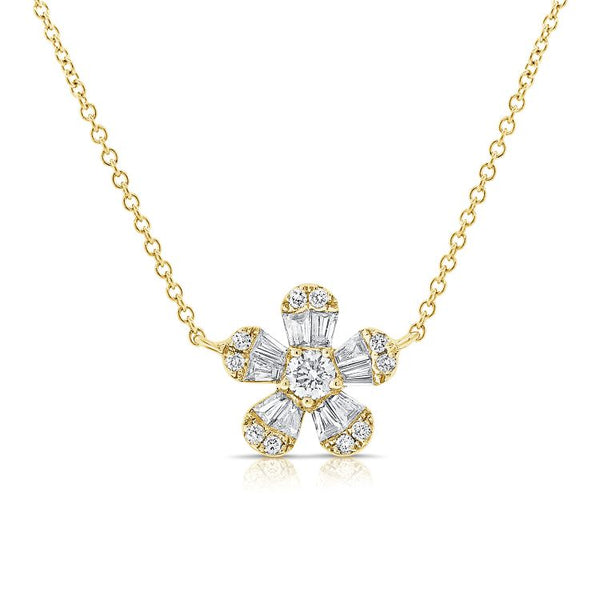 14K Yellow Gold Baguette Diamond Flower Necklace-Necklaces-Maurice's Jewelers-