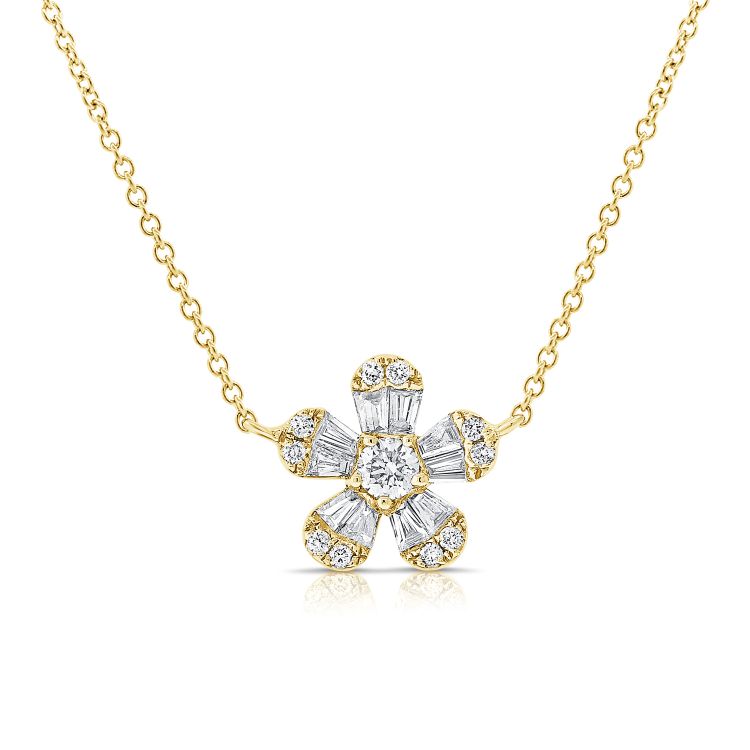 14K Yellow Gold Baguette Diamond Flower Necklace-Necklaces-Maurice's Jewelers-