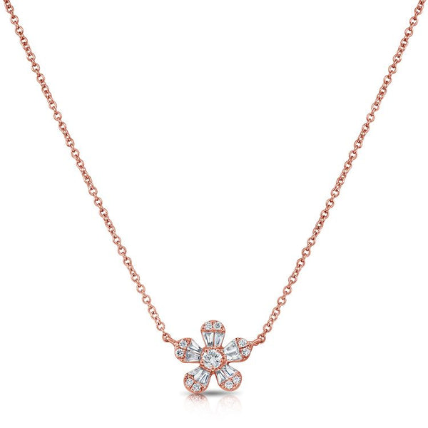 14k Rose Gold Diamond Baguette Flower Necklace-Necklaces-Maurice's Jewelers-