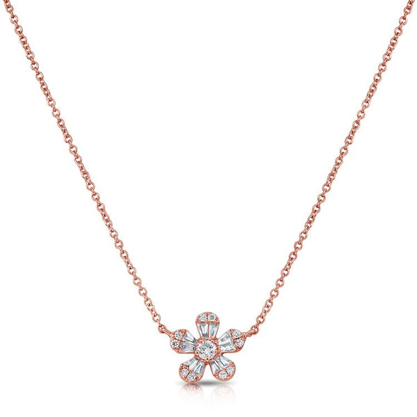 14k Rose Gold Diamond Baguette Flower Necklace