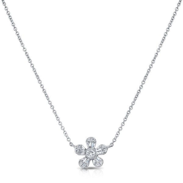 14K White Gold Diamond Flower Necklace