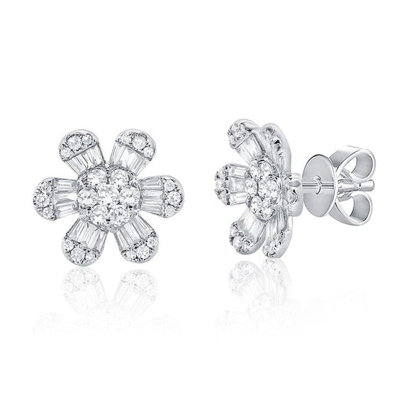 14K White Gold Diamond Baguette Flower Earrings