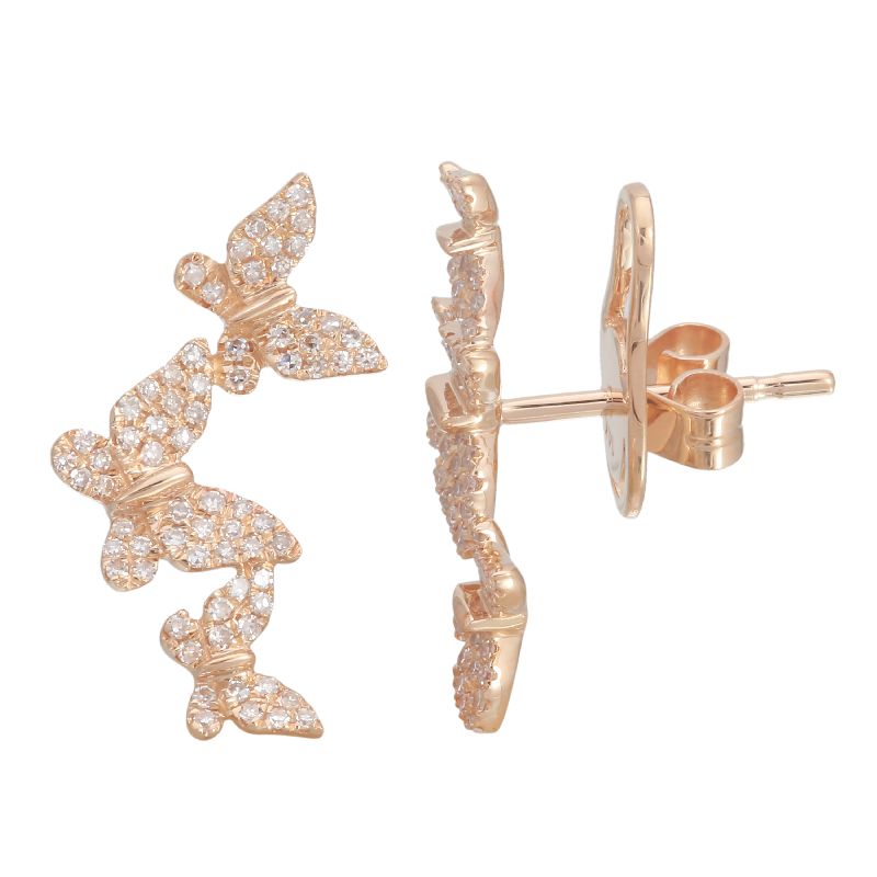 14K Rose Gold Triple Butterfly Diamond Earrings