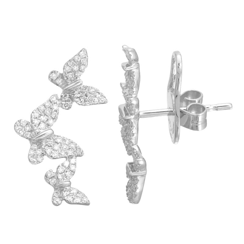 14K White Gold Triple Butterfly Diamond Earrings