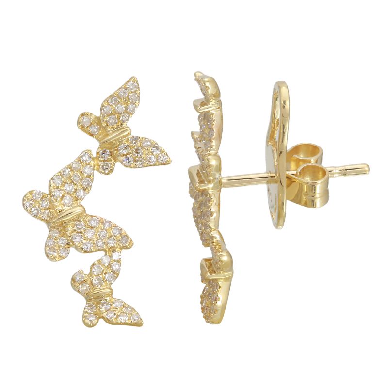 14K Yellow Gold Triple Butterfly Diamond Earrings
