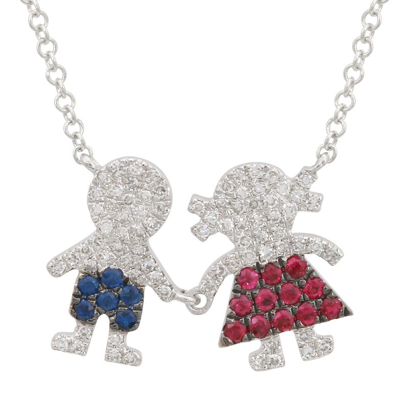 14k White Gold Multi Gemstone Boy And Girl Necklace-Necklaces-Maurice's Jewelers-