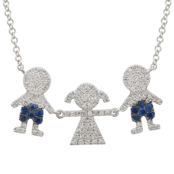 14K White Gold Diamond and Sapphire Boy-Girl-Boy Necklace