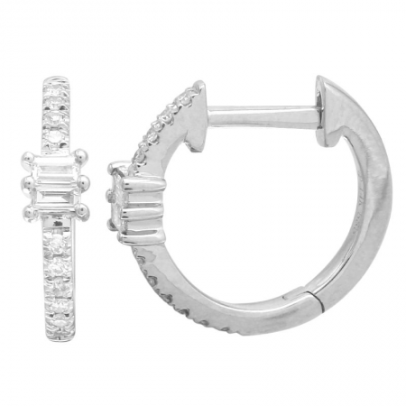 14k White Gold Diamond Baguette Huggie Earrings