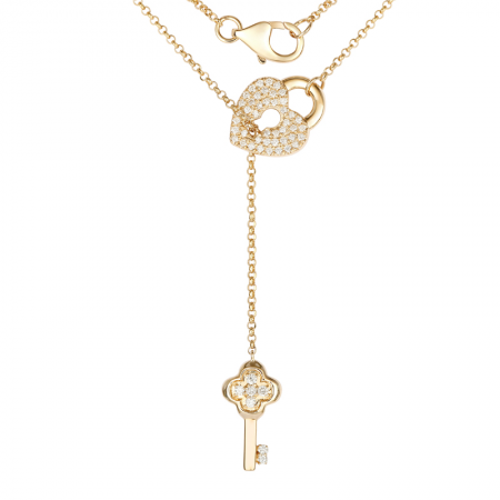 14k Yellow Gold Diamond Lock And Key Lariat Necklace