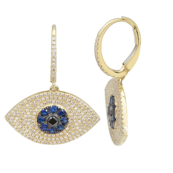 14k Yellow Gold Diamond and Sapphire Evil Eye Drop Earrings-EARRINGS-Maurice's Jewelers-