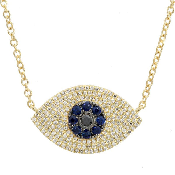 14K Yellow Gold Diamond+Sapphire Evil Eye Necklace