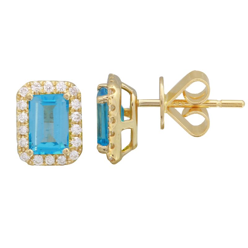 14k Yellow Blue Topaz Emerald Cut Gemstone Earrings